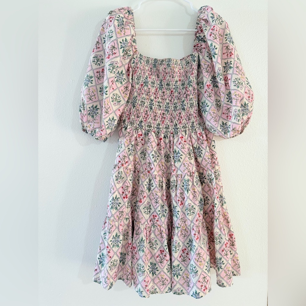 ELOQUI- Floral Mini Dress-Size 14-Pink Smocked-Puff Sleeve-Cottagecore-Romantic